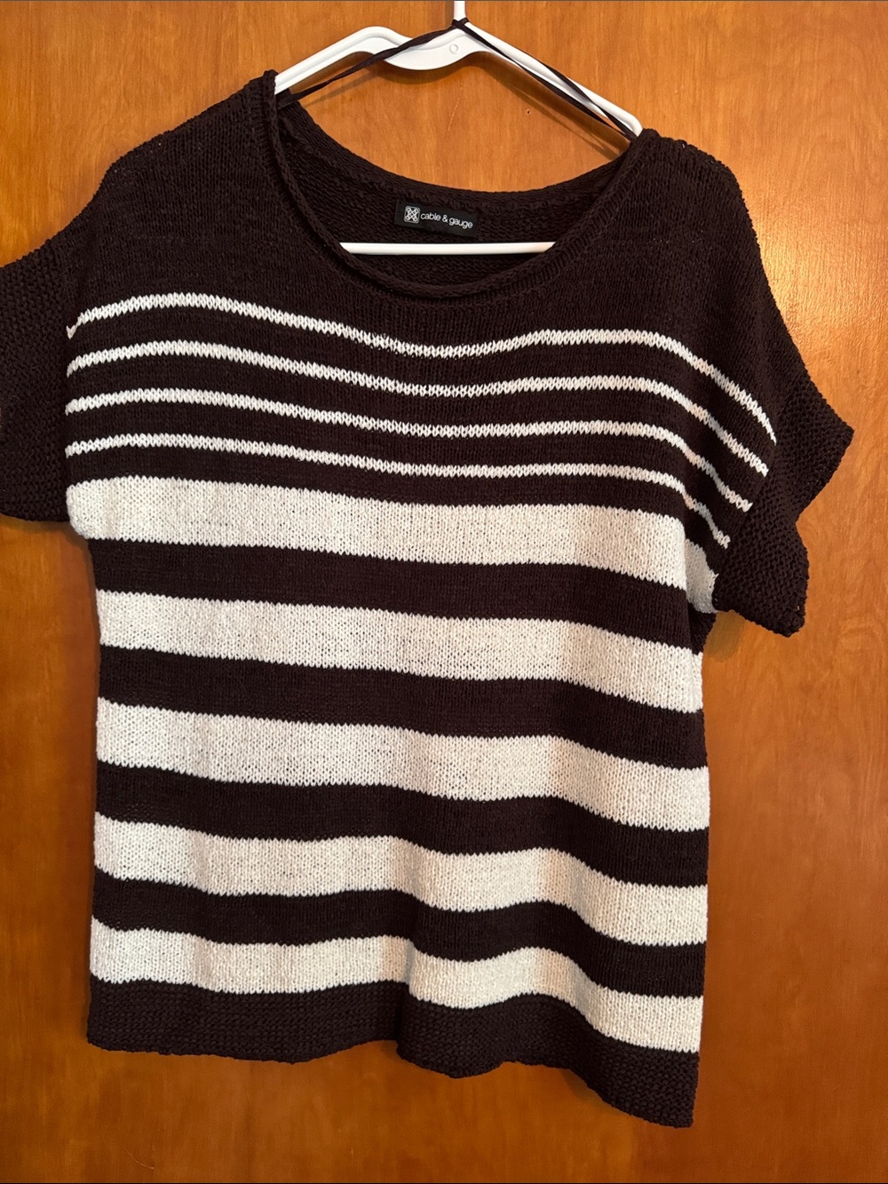 Cable & Gauge Brown and White Striped Short Sleeve Knit Top